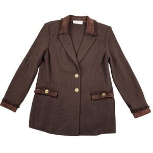 St John Collection Knit Blazer Womens Size 10 Brown Suede Trim Equestrian Luxury